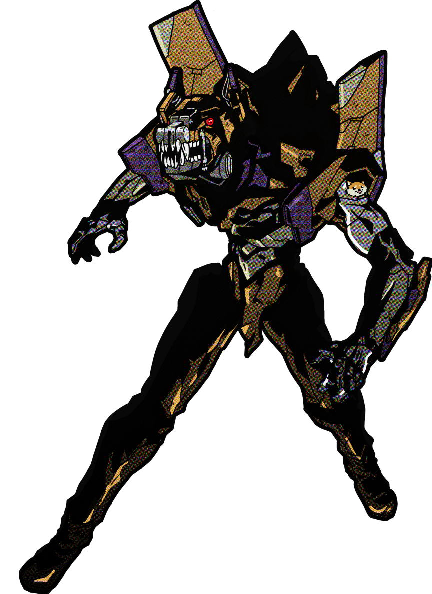 A giant mecha resembling a doge, bearing it's metallic fangs.